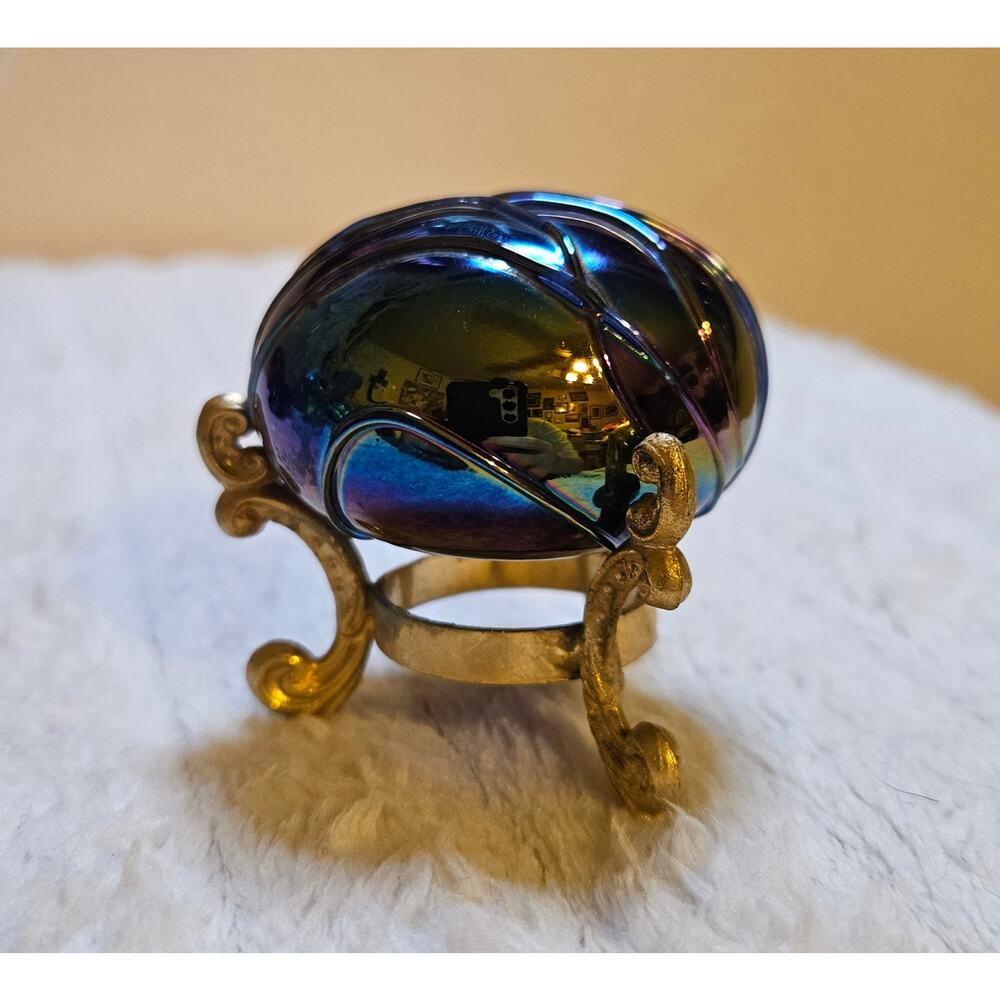 Vintage Anton Intaglio Signed Iridescent Glass Orb Spiderweb Paperweight w/Stand